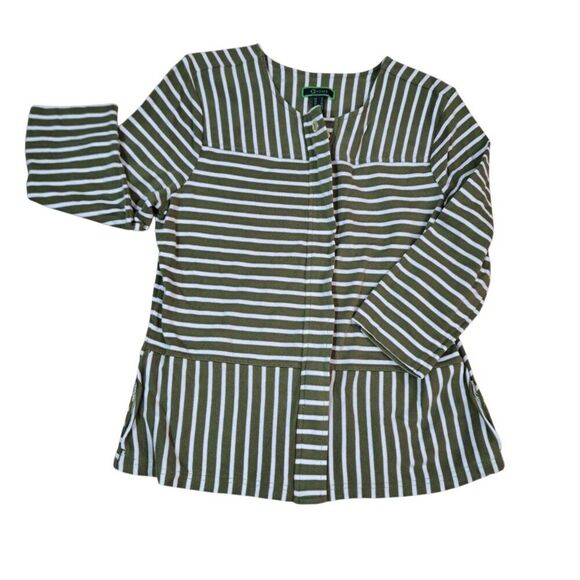 C Wonder Women's 3/4 Sleeve Full Zip Jacket Top Cotton Green White Striped Sz 8 - Picture 2 of 8